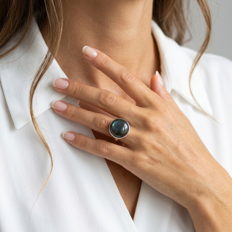 Bague Argent Labradorite Ronde 20mm porté