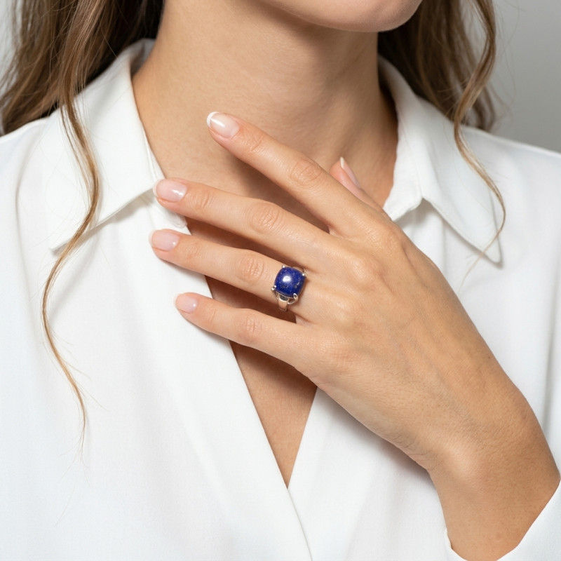 Bague Argent  Lapis Lazuli Coussin 12mm porté