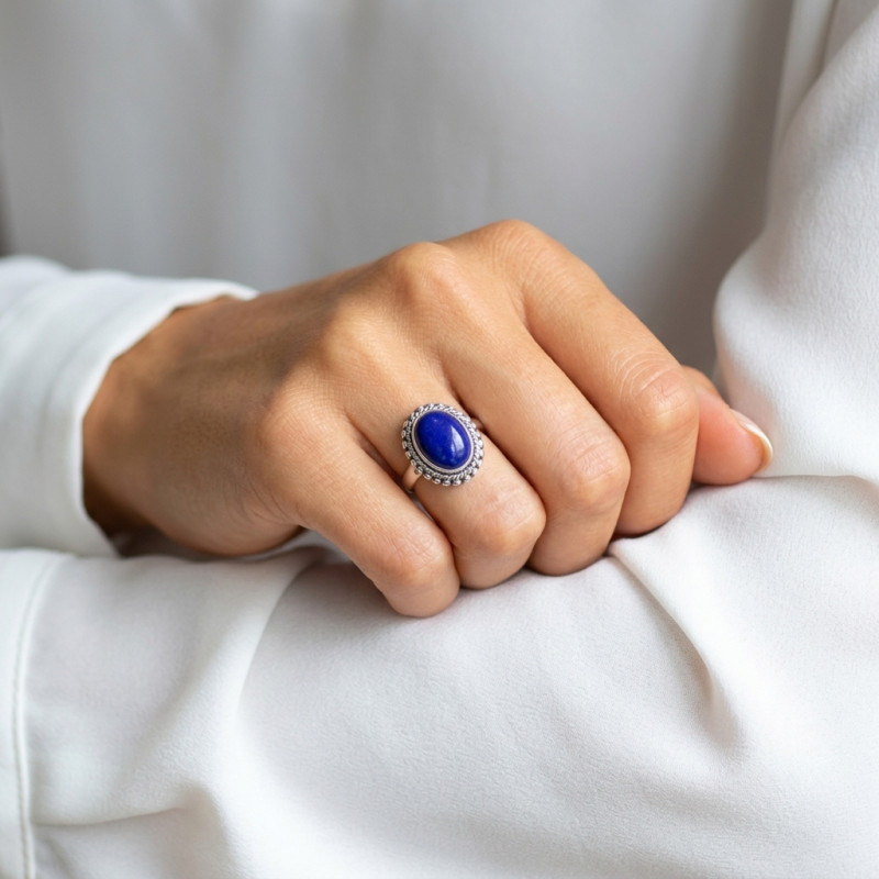 Bague Argent Lapis Lazuli Ovale 14x10mm porté