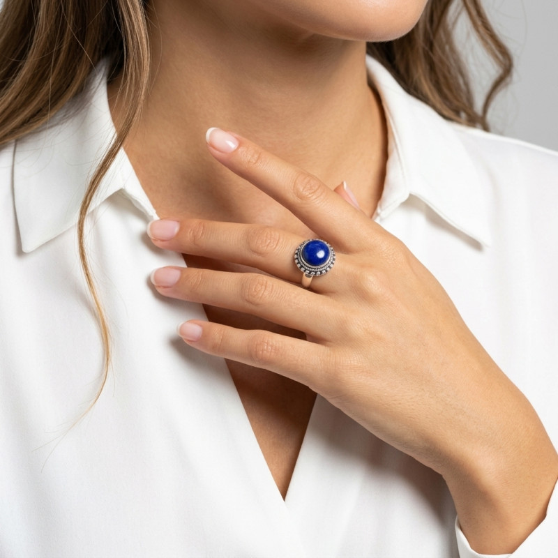 Bague Argent  Lapis Lazuli Rond 12mm porté
