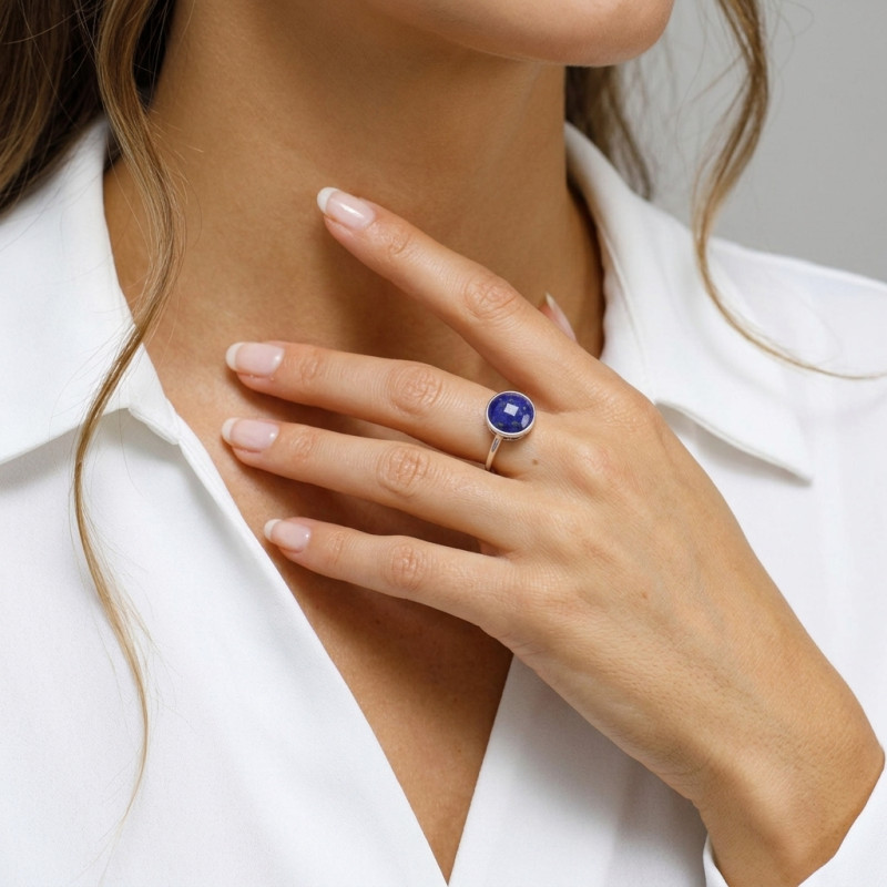 Bague Argent Lapis Lazuli Rond 12mm porté