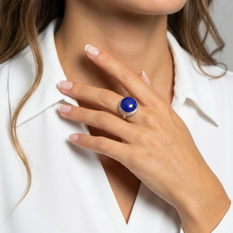Bague Argent Lapis Lazuli Rond 15mm porté