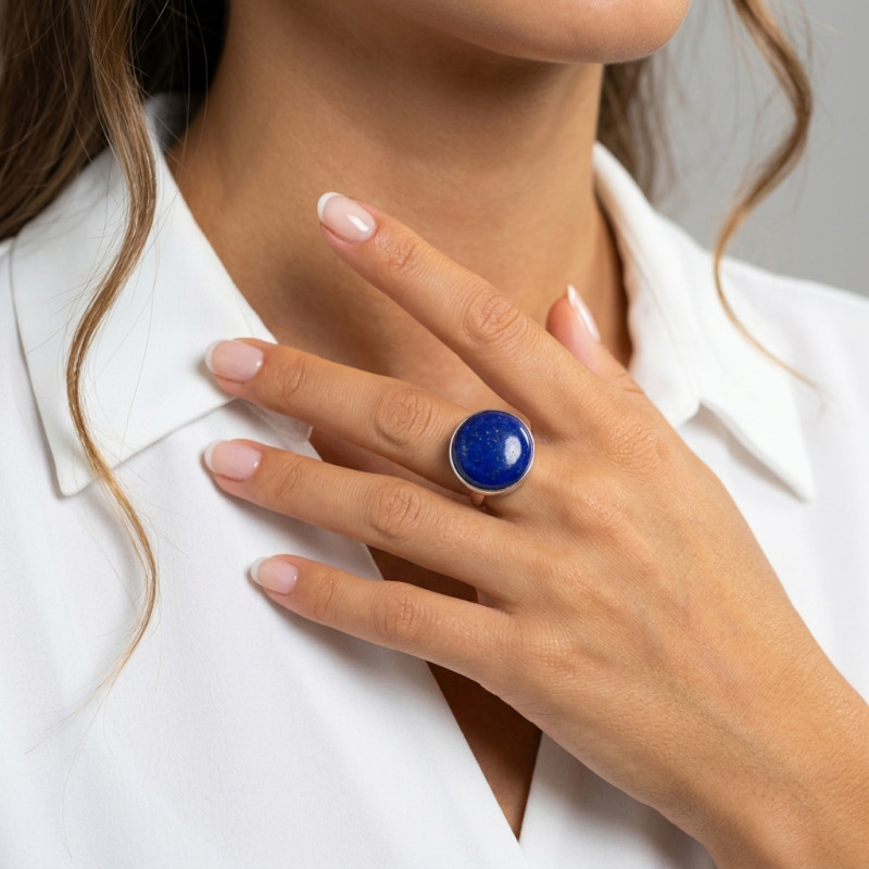 Bague Argent Lapis Lazuli Rond 20mm porté