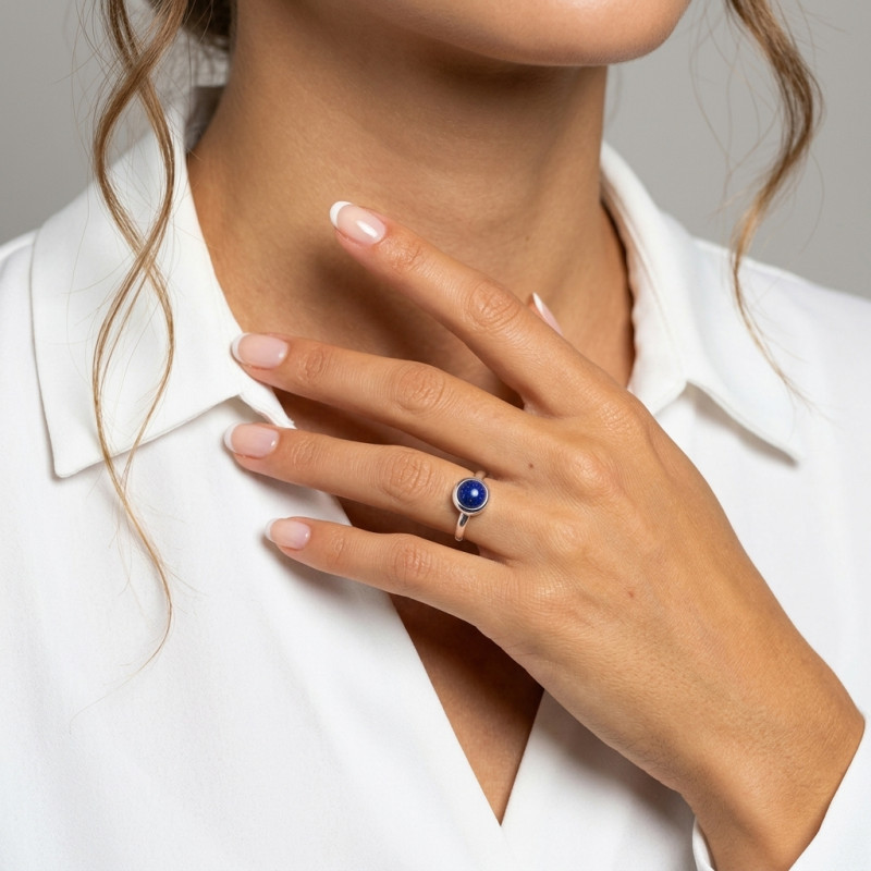 Bague Argent Lapis Lazuli Rond 7mm porté