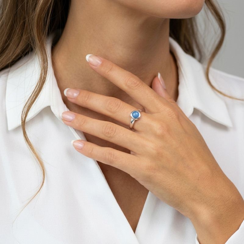 Bague Argent Nacre Bleue Ronde porté