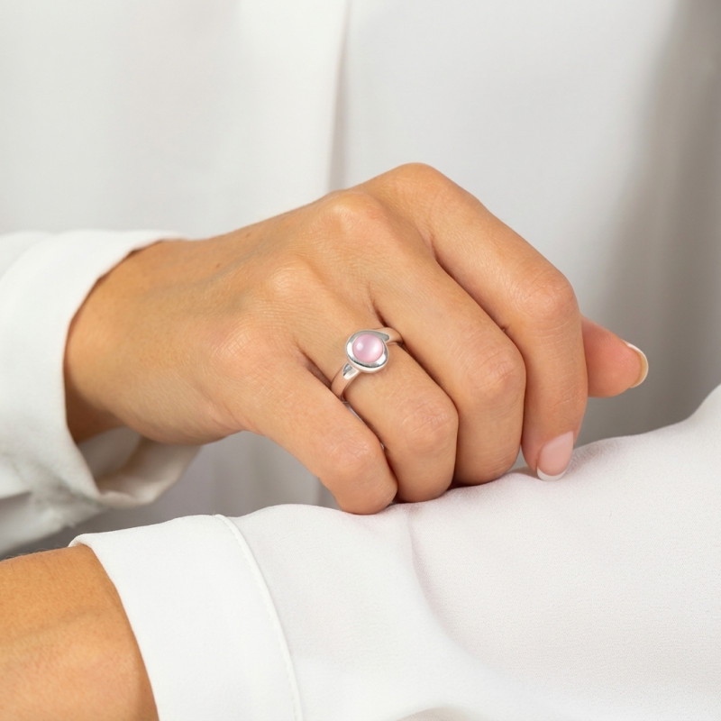 Bague Argent Nacre Rose Ronde 6mm porté