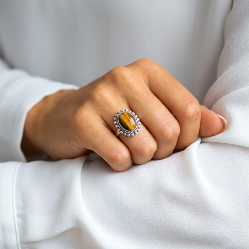 Bague Argent Oeil de Tigre Ovale 14x10mm porté