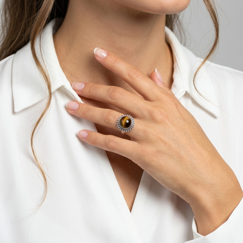 Bague Argent  Oeil de tigre Rond 12mm porté