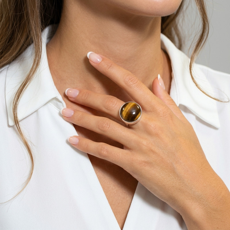 Bague Argent Oeil de tigre Rond 20mm porté
