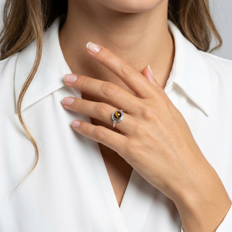 Bague Argent  Oeil de tigre Rond 9mm porté