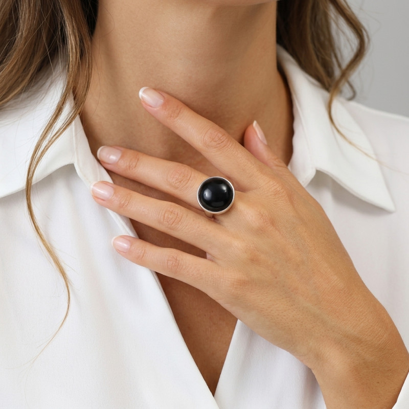 Bague Argent Onyx 20mm porté