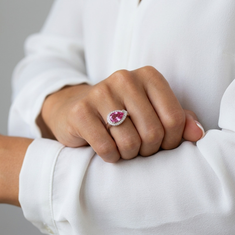 Bague Argent  Oxyde Rose Poire 14x10mm porté