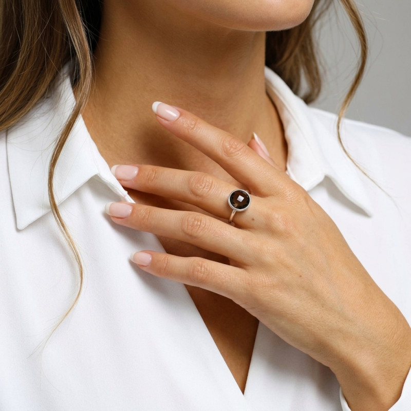 Bague Argent Quartz Fumé Rond 12mm porté