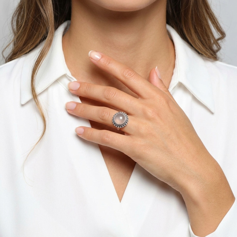 Bague Argent  Quartz Rose 12mm porté