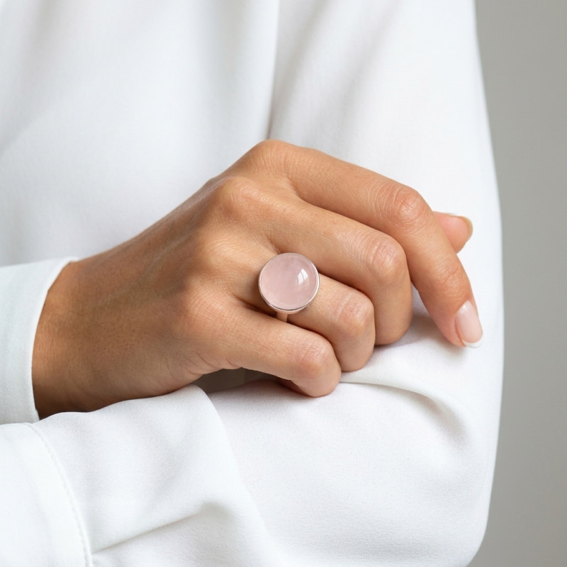 Bague Argent Quartz Rose 20mm porté