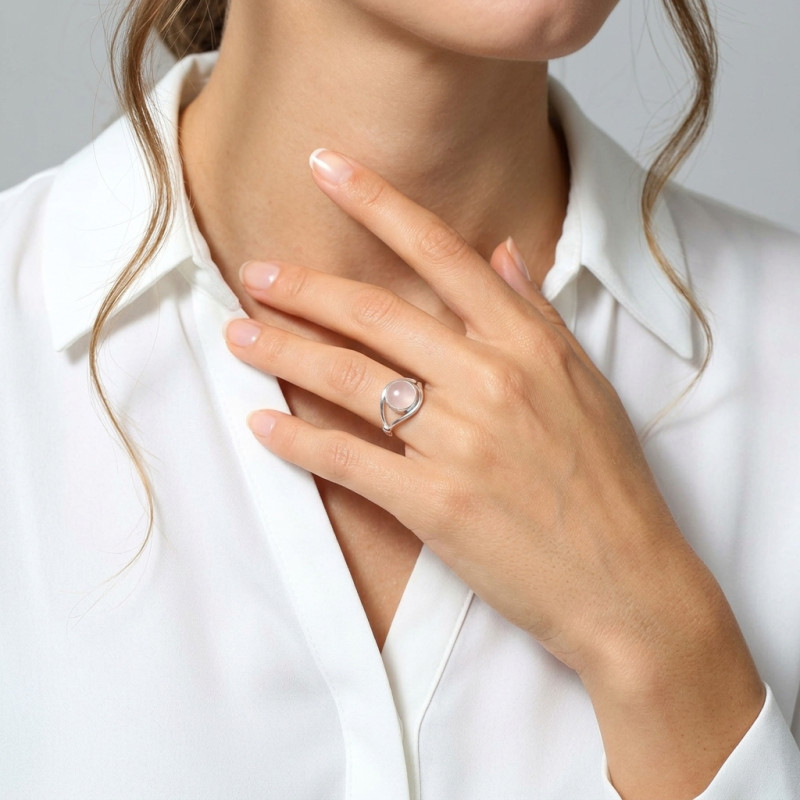 Bague Argent  Quartz Rose 8mm porté