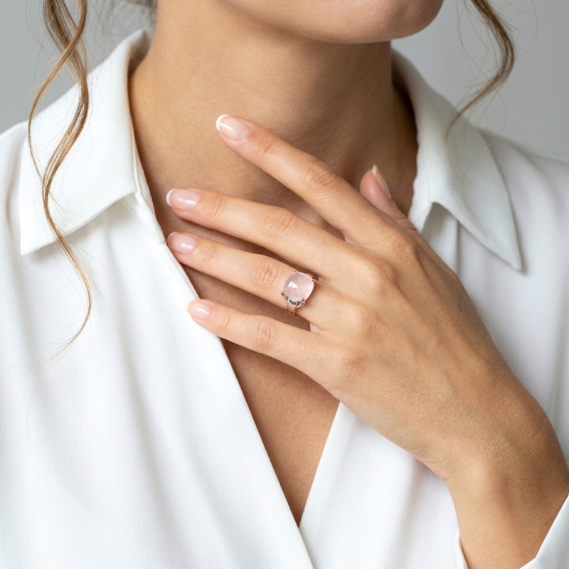 Bague Argent  Quartz Rose Coussin 12mm porté