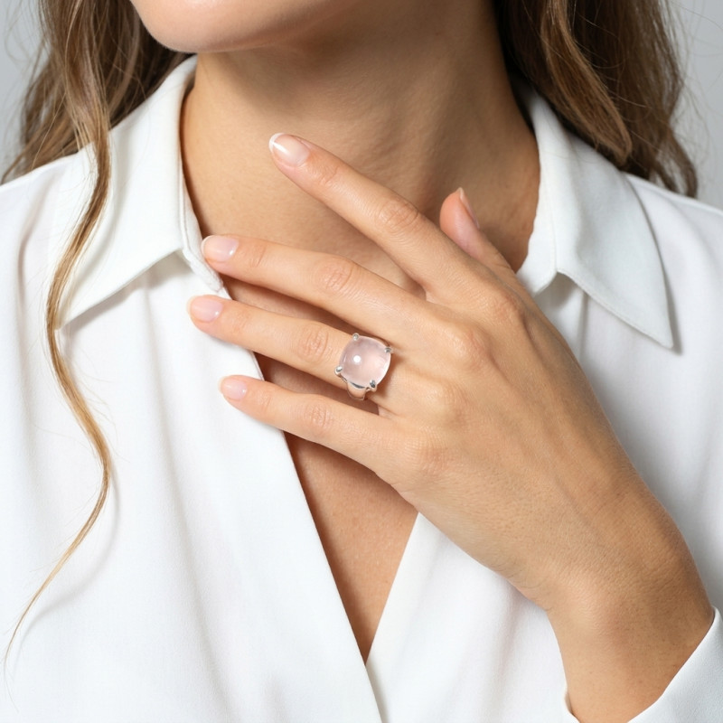 Bague Argent  Quartz Rose Coussin 16mm porté