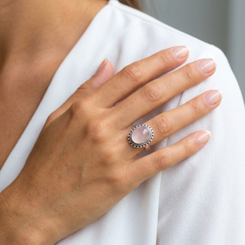 Bague Argent Quartz Rose Ovale 14x10mm porté