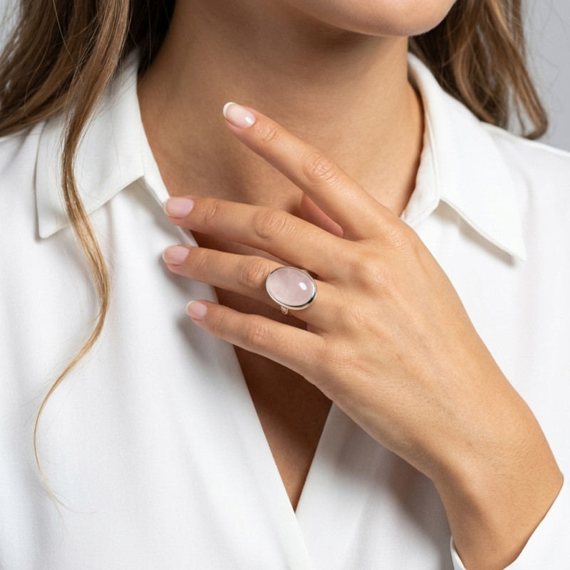 Bague Argent  Quartz Rose Ovale 18x13mm porté