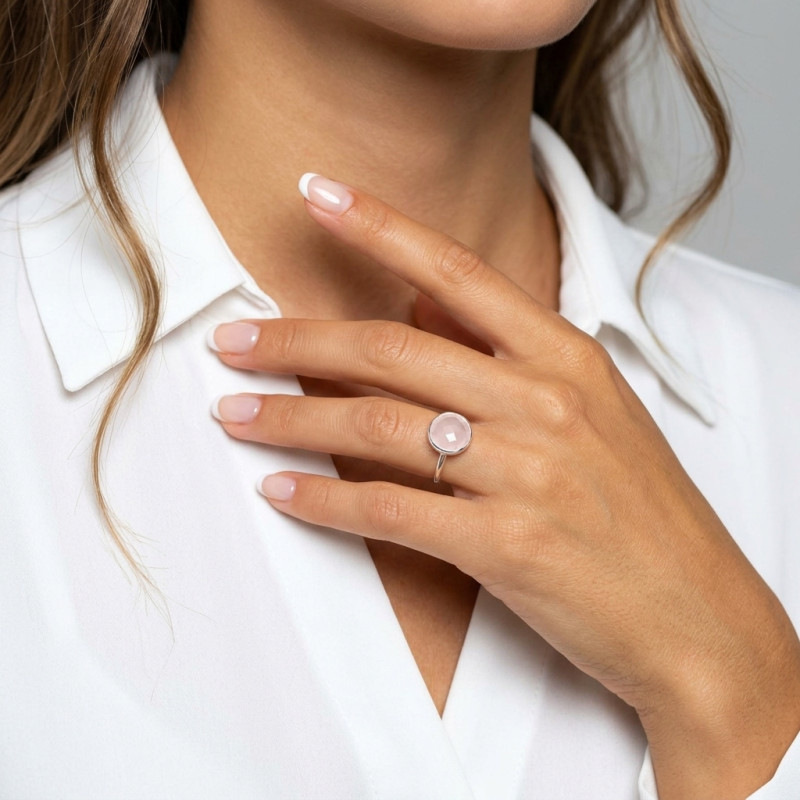 Bague Argent Quartz Rose Rond 12mm porté