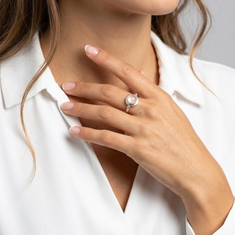 Bague Argent  Quartz Rose Rond 9mm porté