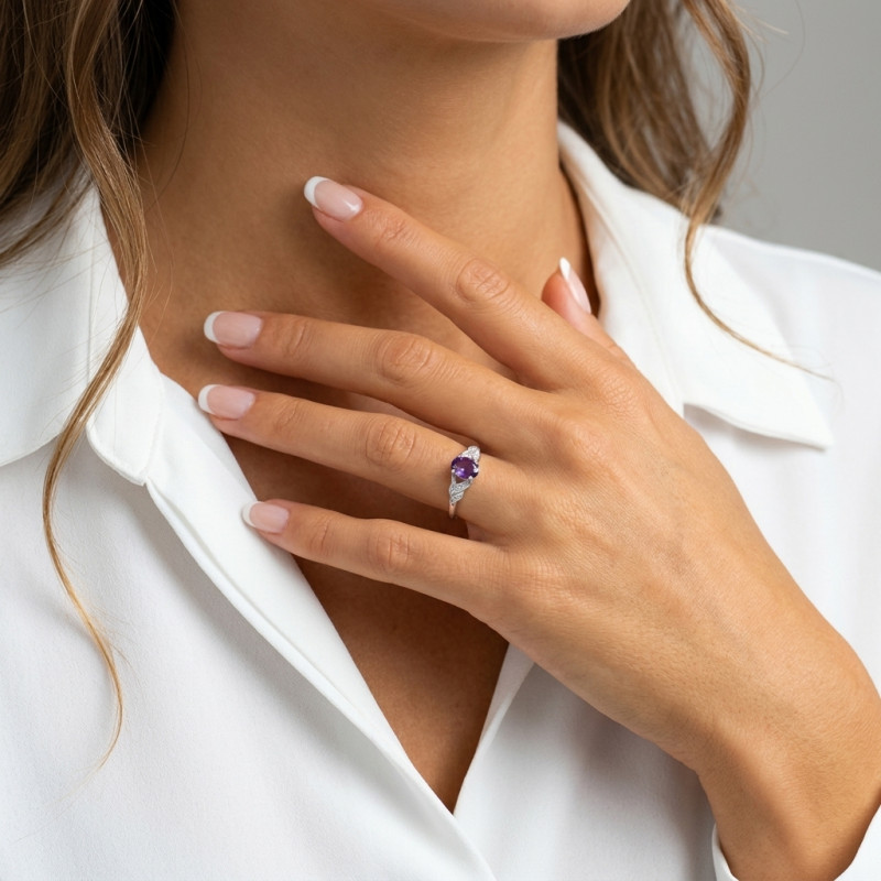 Bague Argent Rhodié Améthyste Ovale 7x5mm porté