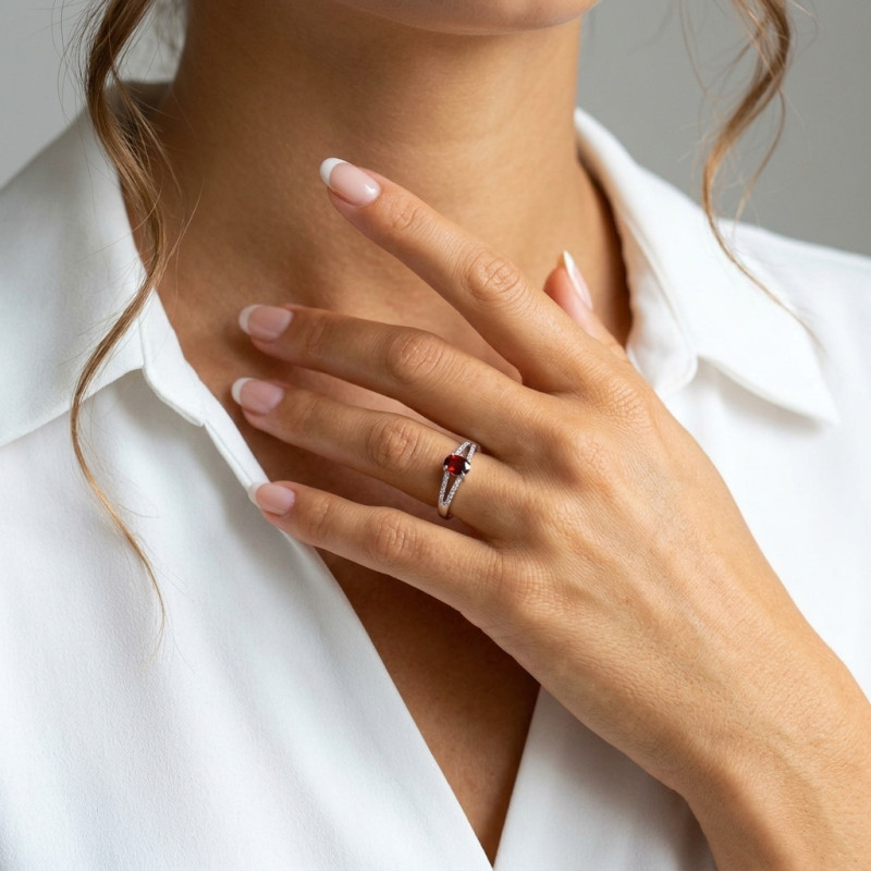 Bague Argent Rhodié Grenat Ovale 7x5mm porté