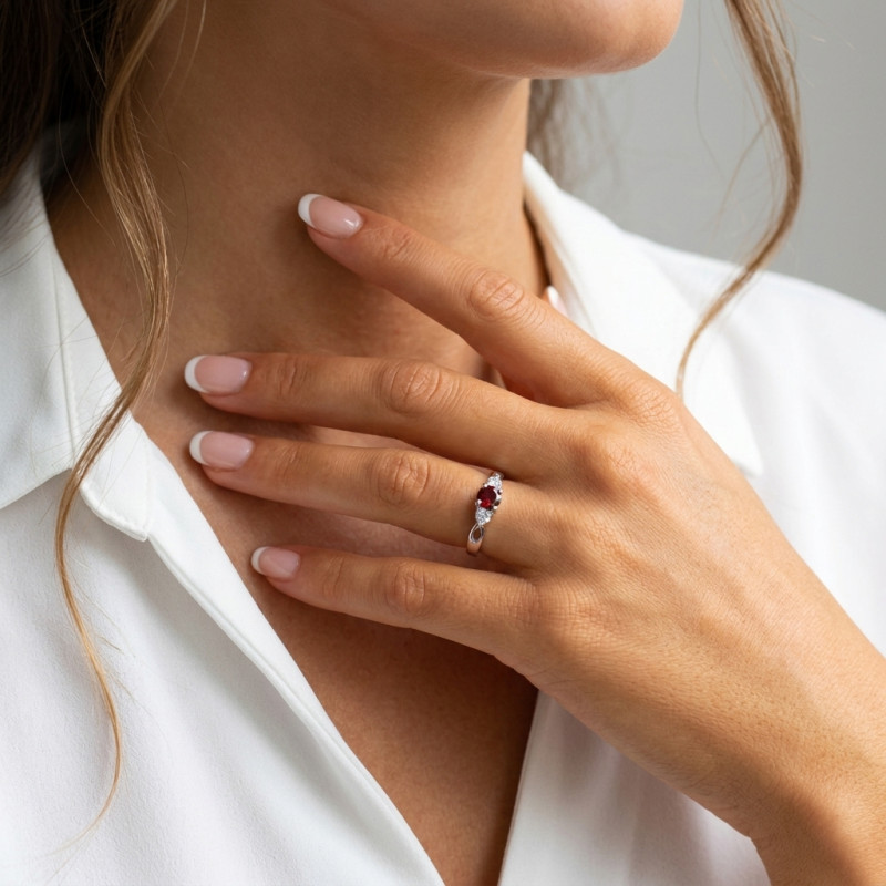Bague Argent Rhodié Grenat Rond 5mm et Oxyde porté