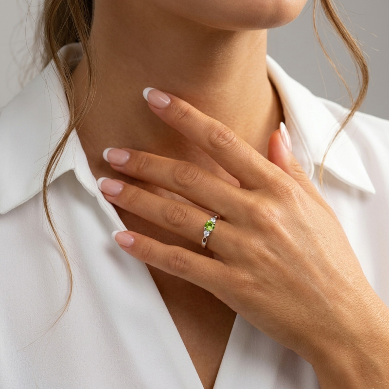 Bague Argent Rhodié Péridot Rond 5mm et Oxyde porté