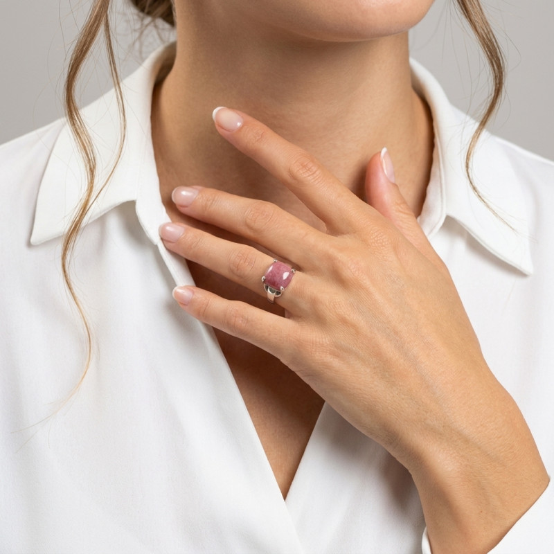 Bague Argent  Rhodonite Coussin 12mm porté