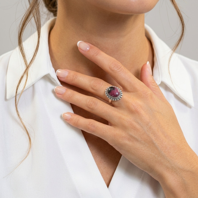Bague Argent Rhodonite Ovale 14x10mm porté