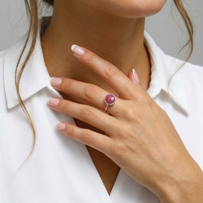 Bague Argent Rhodonite Ronde 12mm porté
