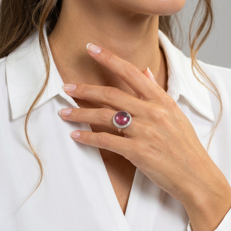 Bague Argent Rhodonite Ronde 15mm porté