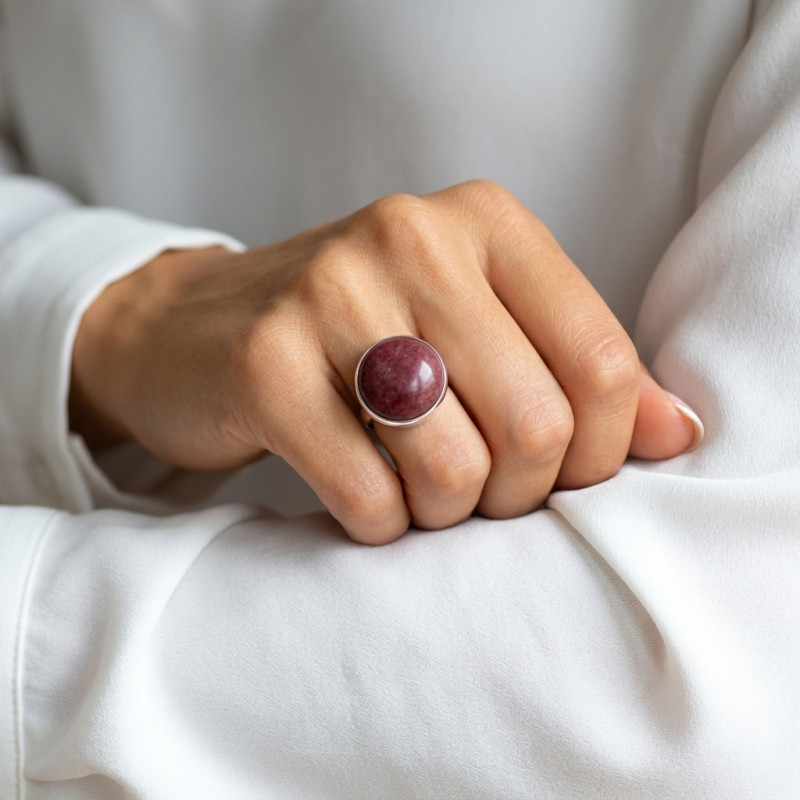 Bague Argent Rhodonite Ronde 20mm porté