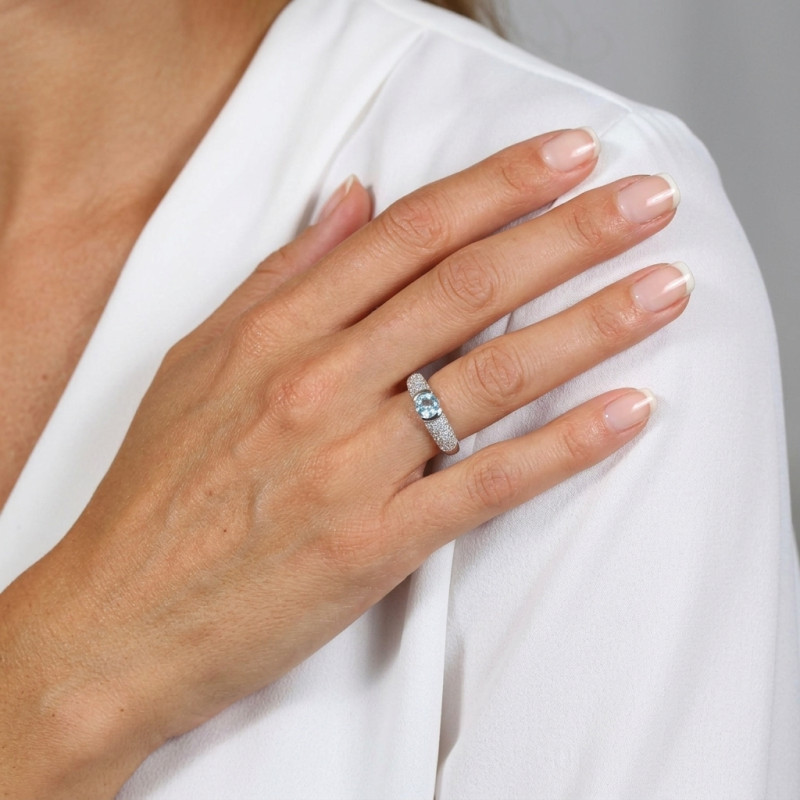 Bague Argent Topaze bleue Traitée traitée Ronde et oxyde porté