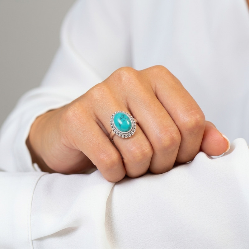 Bague Argent Turquoise reconstituée   Ovale 14x10mm porté