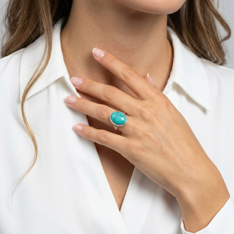 Bague Argent  Turquoise reconstituée   Ovale 18x13mm porté