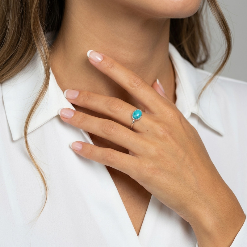 Bague Argent Turquoise reconstituée   Ovale 9x7mm porté