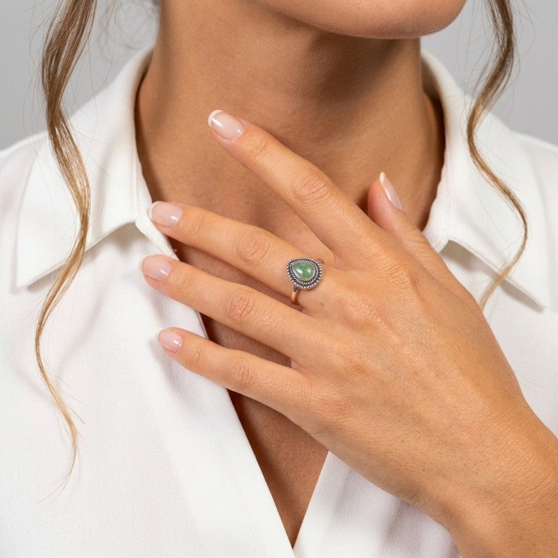 Bague Bohème Argent 925 Aventurine Poire 8x6mm porté