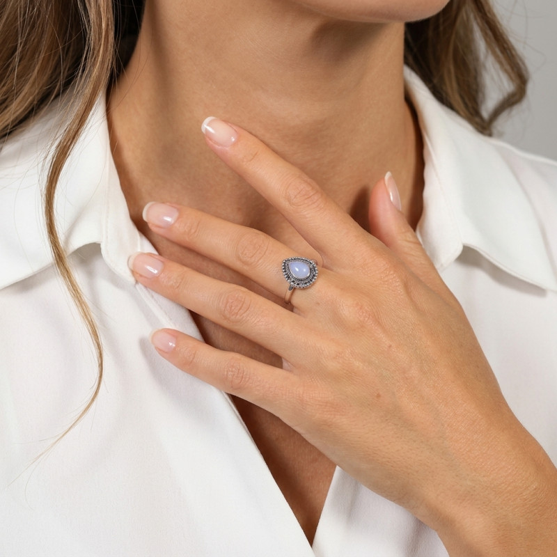 Bague Bohème Argent 925 Calcédoine Poire 8x6mm porté
