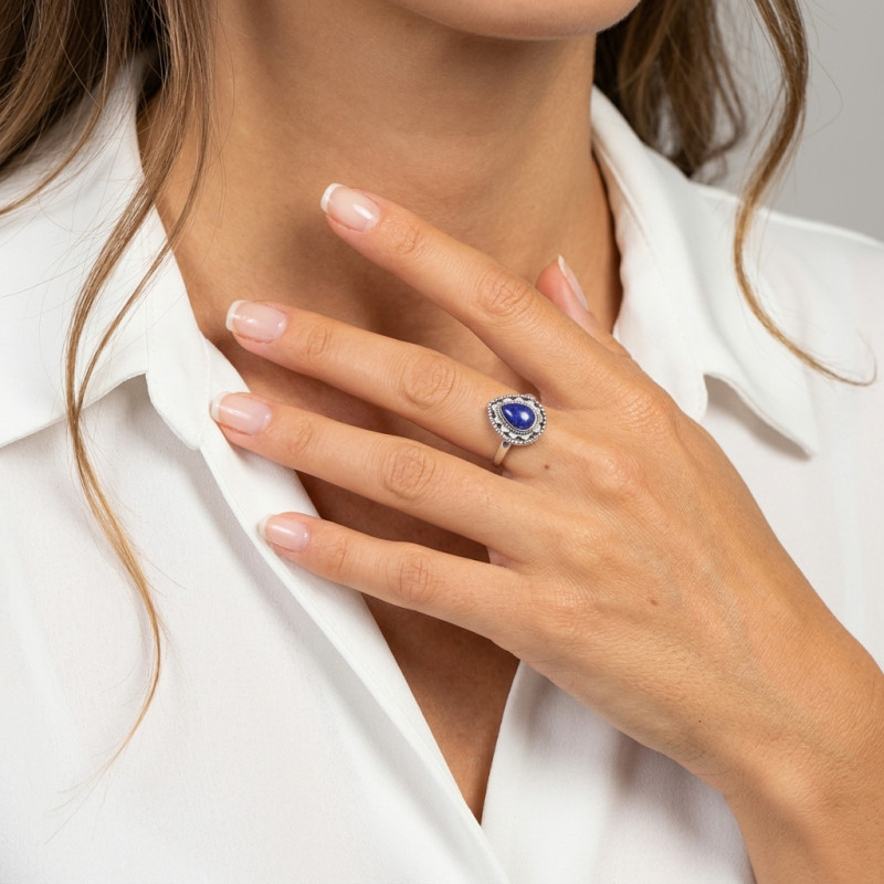 Bague Bohème Argent 925 Lapis Lazuli Poire 8x6mm porté