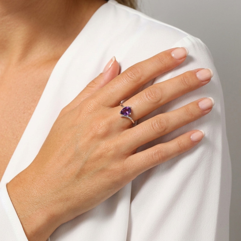 Bague Croisée Argent et Améthyste  Poire porté