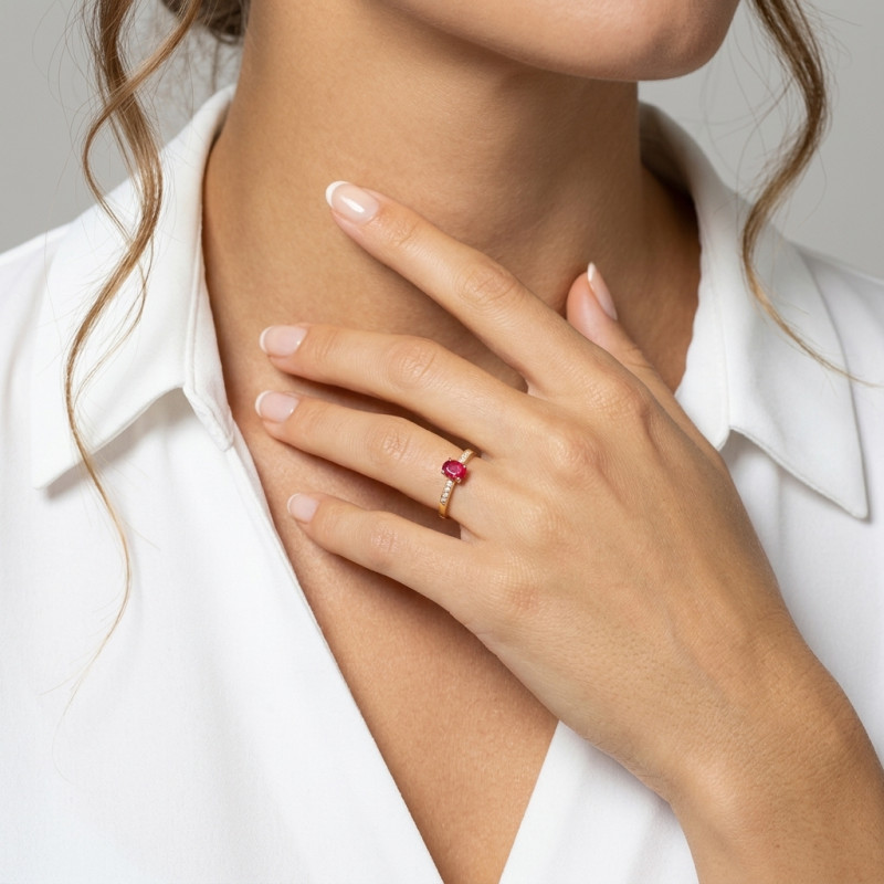 Bague en Or Jaune 750 Rubis ovale 6x4mm et diamants porté