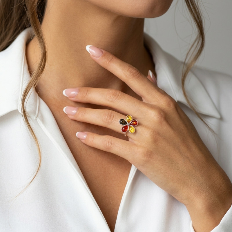 Bague Fleur Argent Ambre Multicolore porté