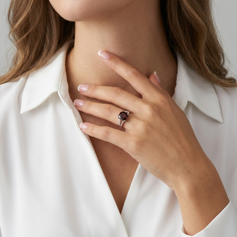 Bague Grenat Coussin 10mm et Diamant Or Blanc 375 porté