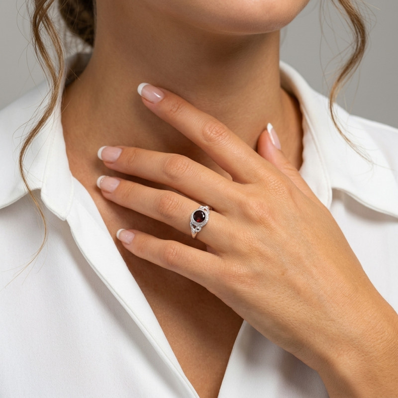 Bague Grenat en Argent 925 - Pierre Ronde 7mm porté