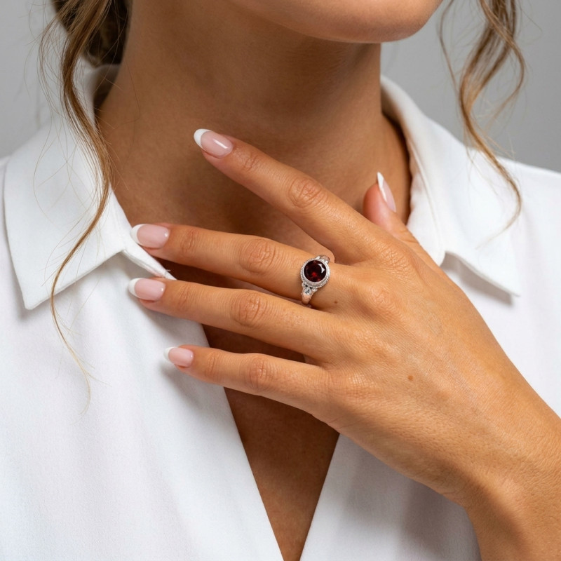 Bague Grenat en Argent 925 - Pierre Ronde 8mm porté