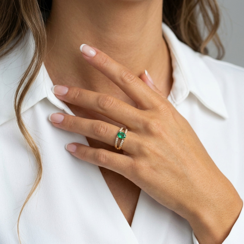 Bague Moderne Emeraude Ovale 8x6mm AAA et Diamants porté