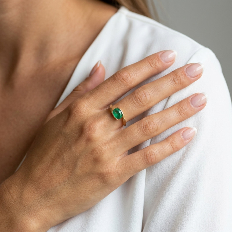 Bague Moderne Or Jaune 750 Emeraude Ovale 8x6mm porté
